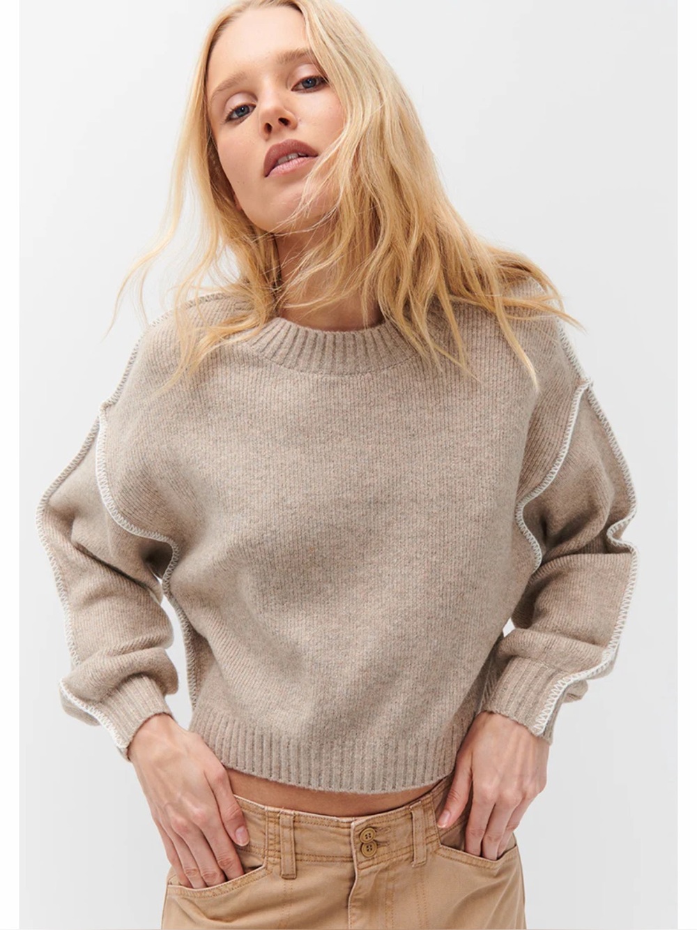 Ghanda Finn Knit Sweater Size S Tan Beige Dropped Shoulder Contrast Trim Coastal